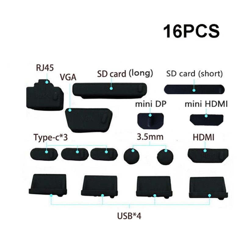 1 Juego/16 piezas de tapones de silicona antipolvo para portátiles, cubiertas protectoras para puertos USB tipo C, HDTV, RJ45, impermeables