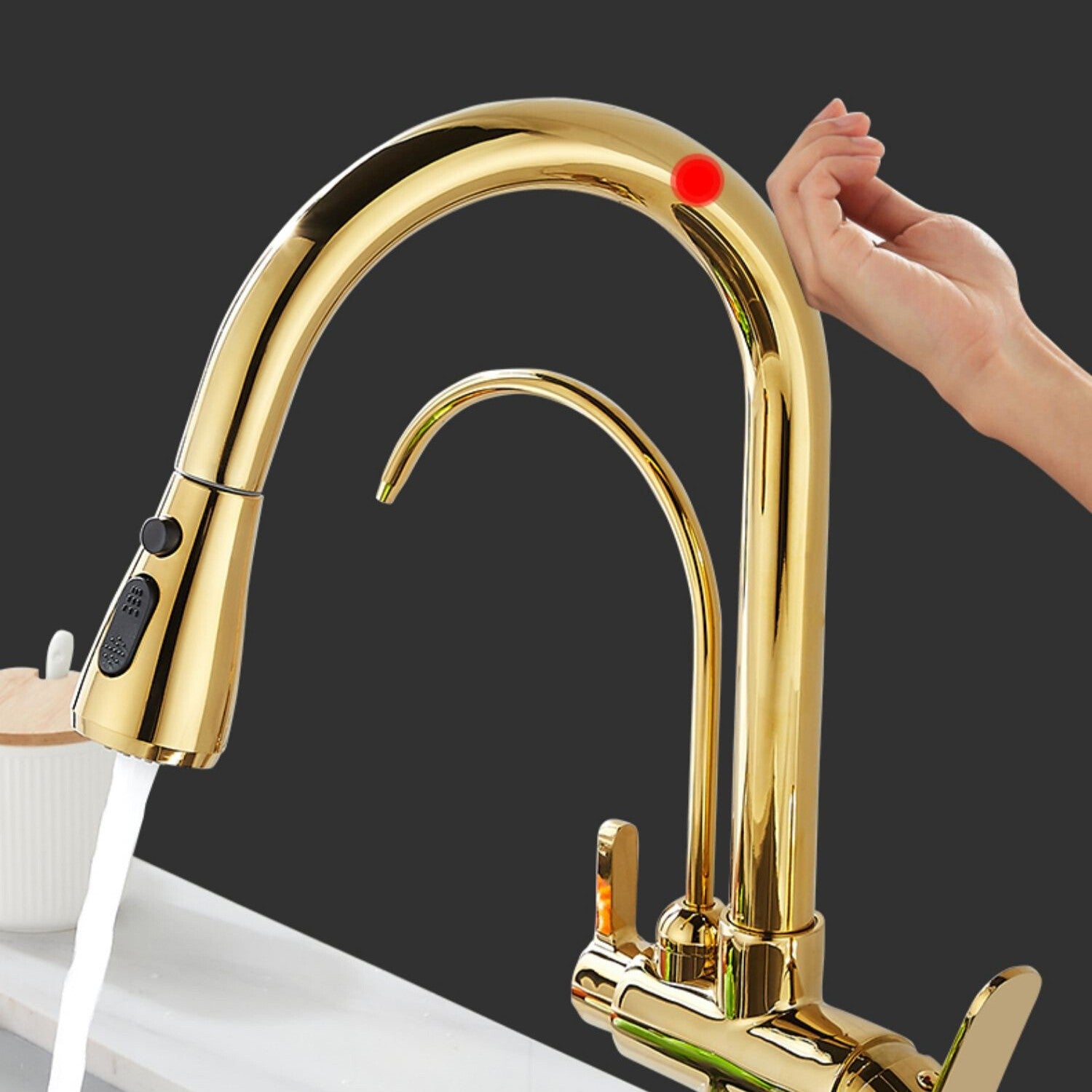 Grifos de cocina con filtro táctil inteligente, grifo mezclador de cocina extraíble en frío y caliente, color negro y dorado, Sensor de rotación, grifo de cocina con filtro táctil