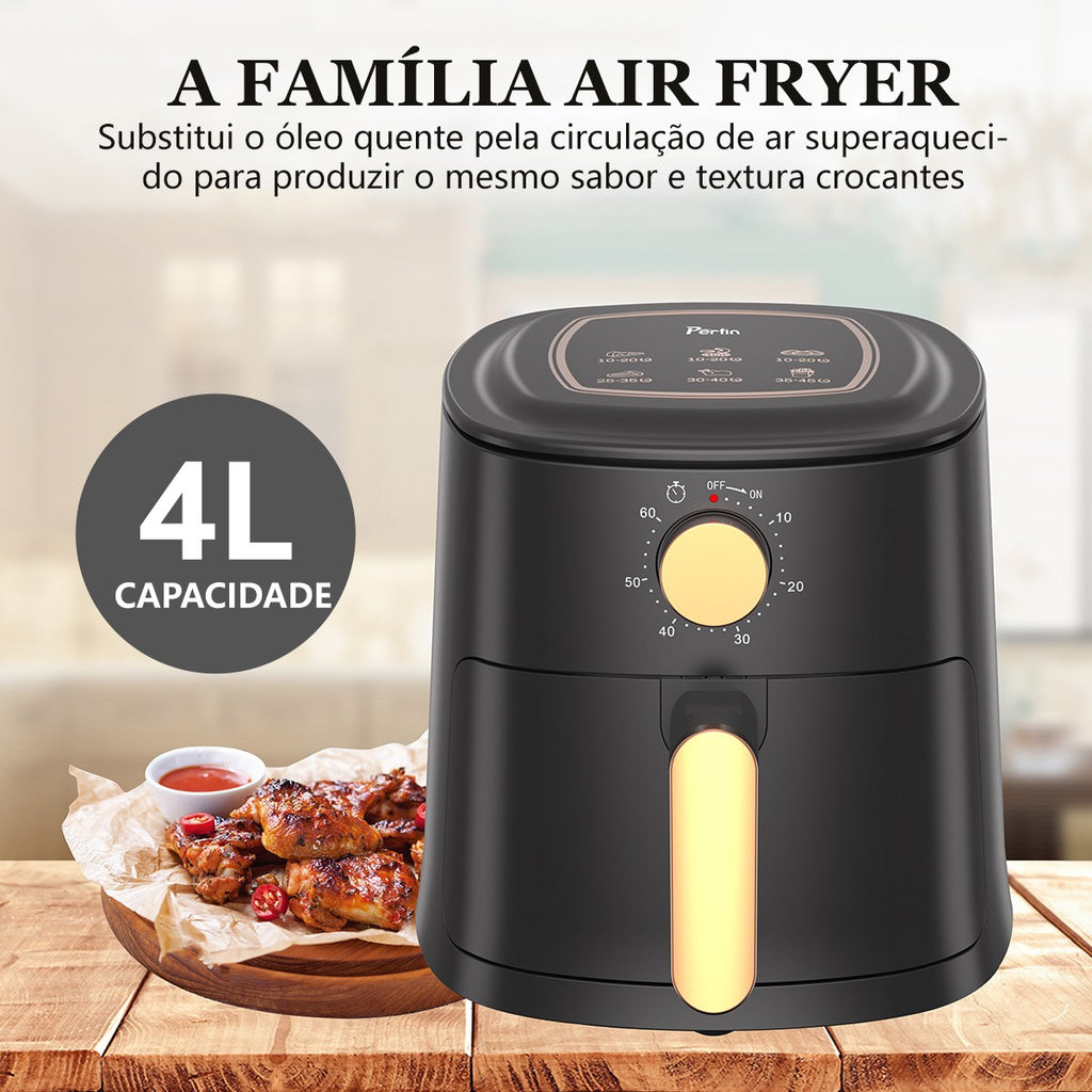 Fritadeira-freidora de aire eléctrica, Perfin Cesto Quadrado, 4L, 1100W, Preto, 127V, 220V