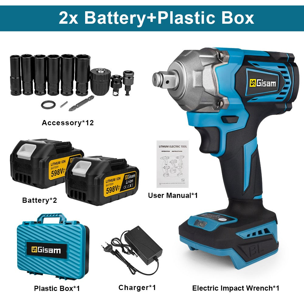 Gismis-llave de impacto eléctrica sin escobillas, 1200NM, 1/2 pulgadas, herramientas de llave eléctrica inalámbrica de alto Torque para Pin de batería Makita de 18V