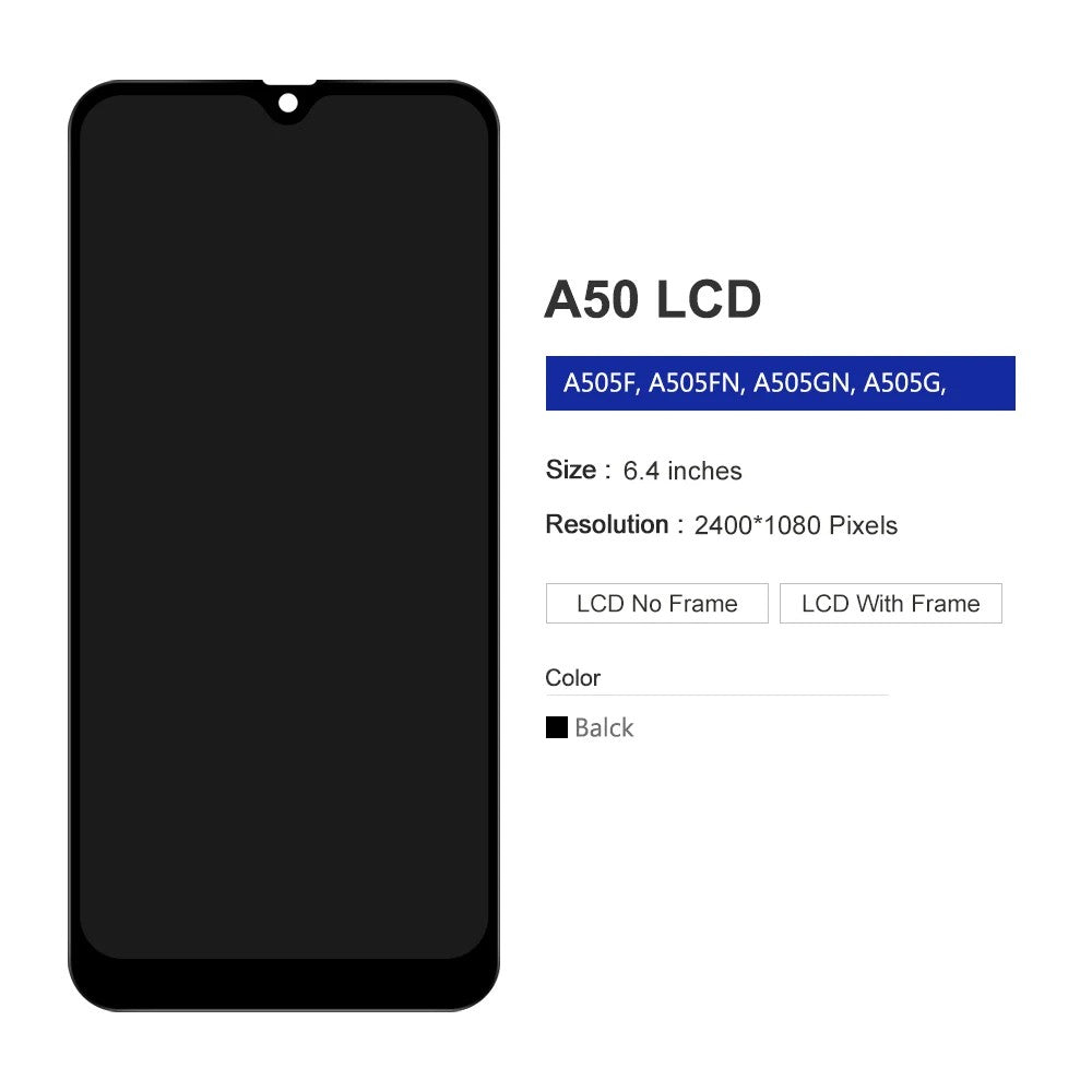 Pantalla LCD 100% probada para Samsung A50 SM-A505FN/DS A505F/DS A505, digitalizador de pantalla táctil con marco para Samsung A50 LCD
