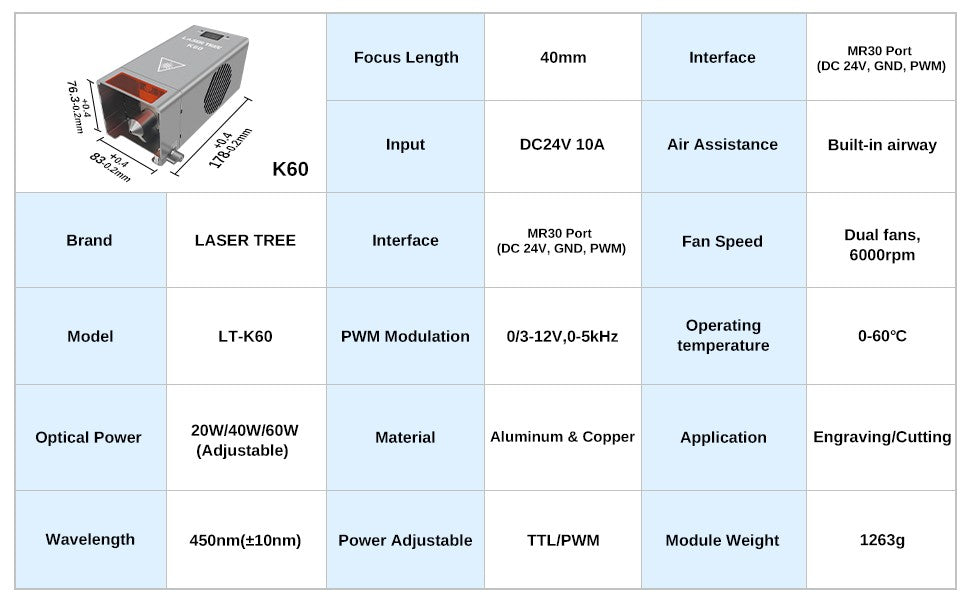 Árbol láser K60 de potencia óptica, cabezal láser de 60W, módulo de potencia ajustable de 20W/40W para grabado láser CNC, herramientas de corte de carpintería DIY
