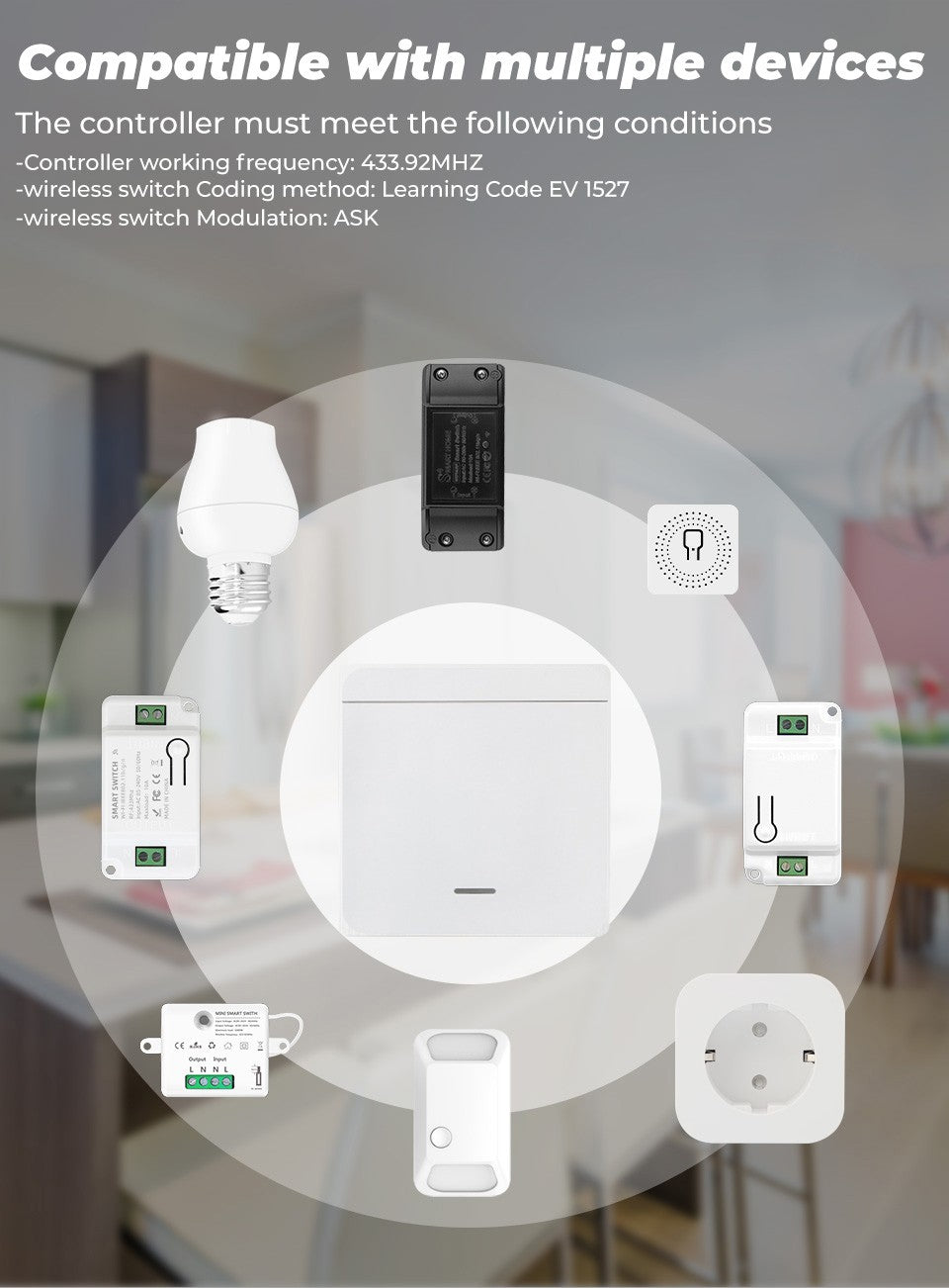Interruptor inalámbrico RF 433Mhz Interruptor de luz Control remoto 86 Panel de pared 10A 110V-220V Receptor para lámpara LED ventilador