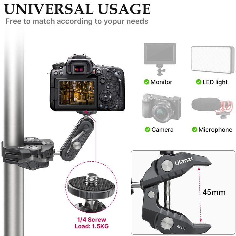 Ulanzi R094 Super abrazadera extender 1/4 3/8 rosca para brazo mágico luz de relleno LED micrófono Universal bola faro carga máxima 1,5 kg