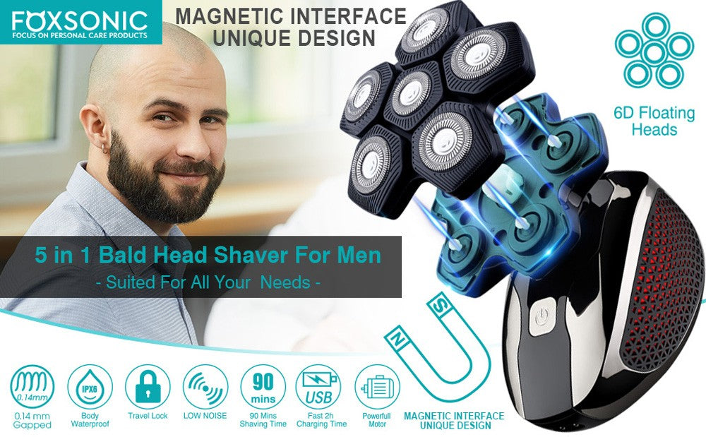 FOXSONIC-Afeitadora para hombre 7D independiente, 7 cortadores, cabezal flotante, maquinilla de afeitar eléctrica resistente al agua, recortadora de barba para hombre