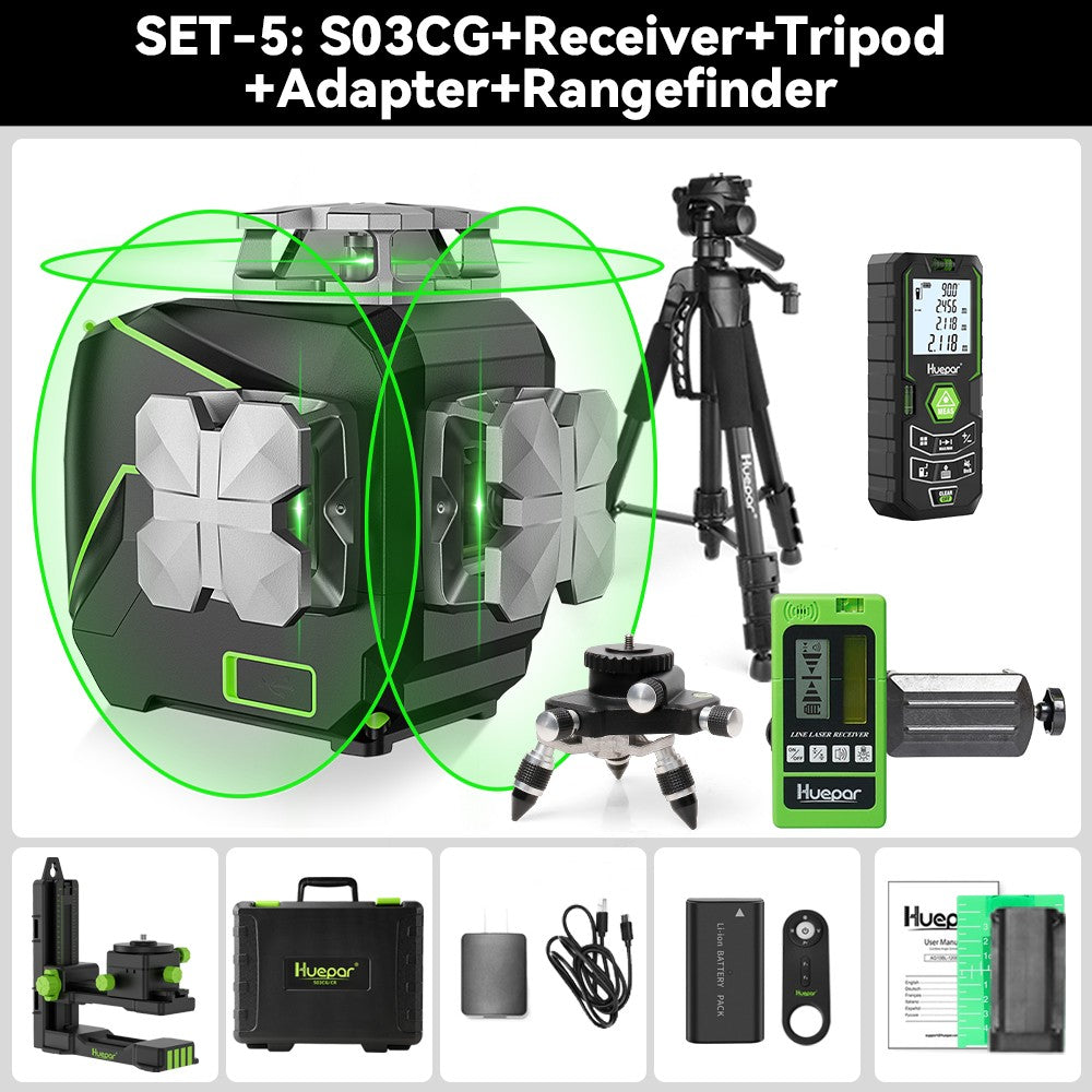 Huepar S03CG Set nivel láser de línea cruzada 3D Bluetooth y control remoto 12 líneas láser de haz verde Osram con receptor trípode telémetro