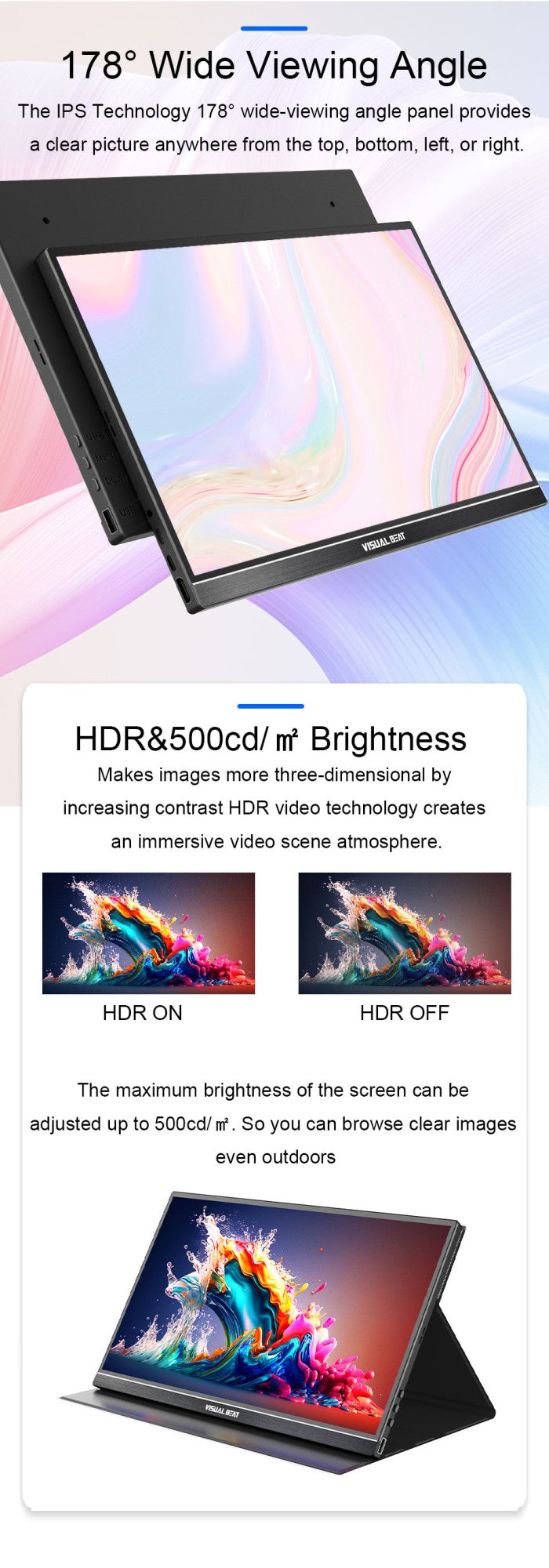 VISUALBEAT Monitor Portátil con Pantalla Táctil de 15.6'', FHD 1080P IPS HDR, con USB-C y HDMI, para Laptop, PC, Mac, Consola, Oficina y Viajes