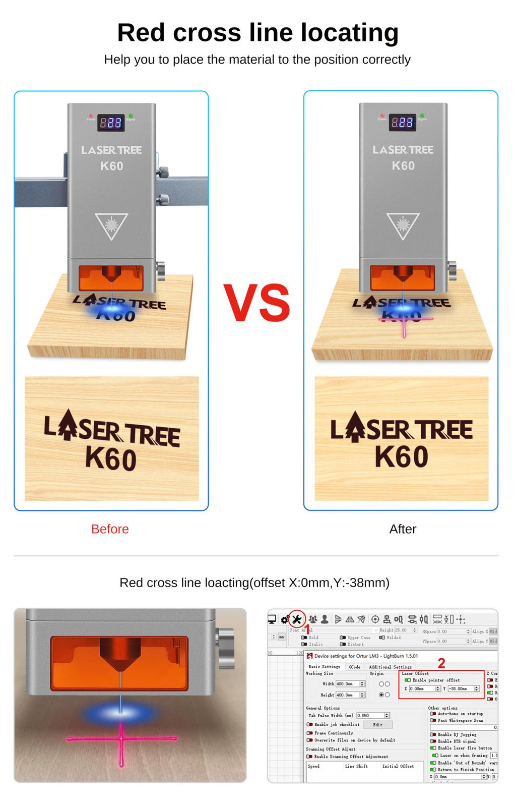 Árbol láser K60 de potencia óptica, cabezal láser de 60W, módulo de potencia ajustable de 20W/40W para grabado láser CNC, herramientas de corte de carpintería DIY
