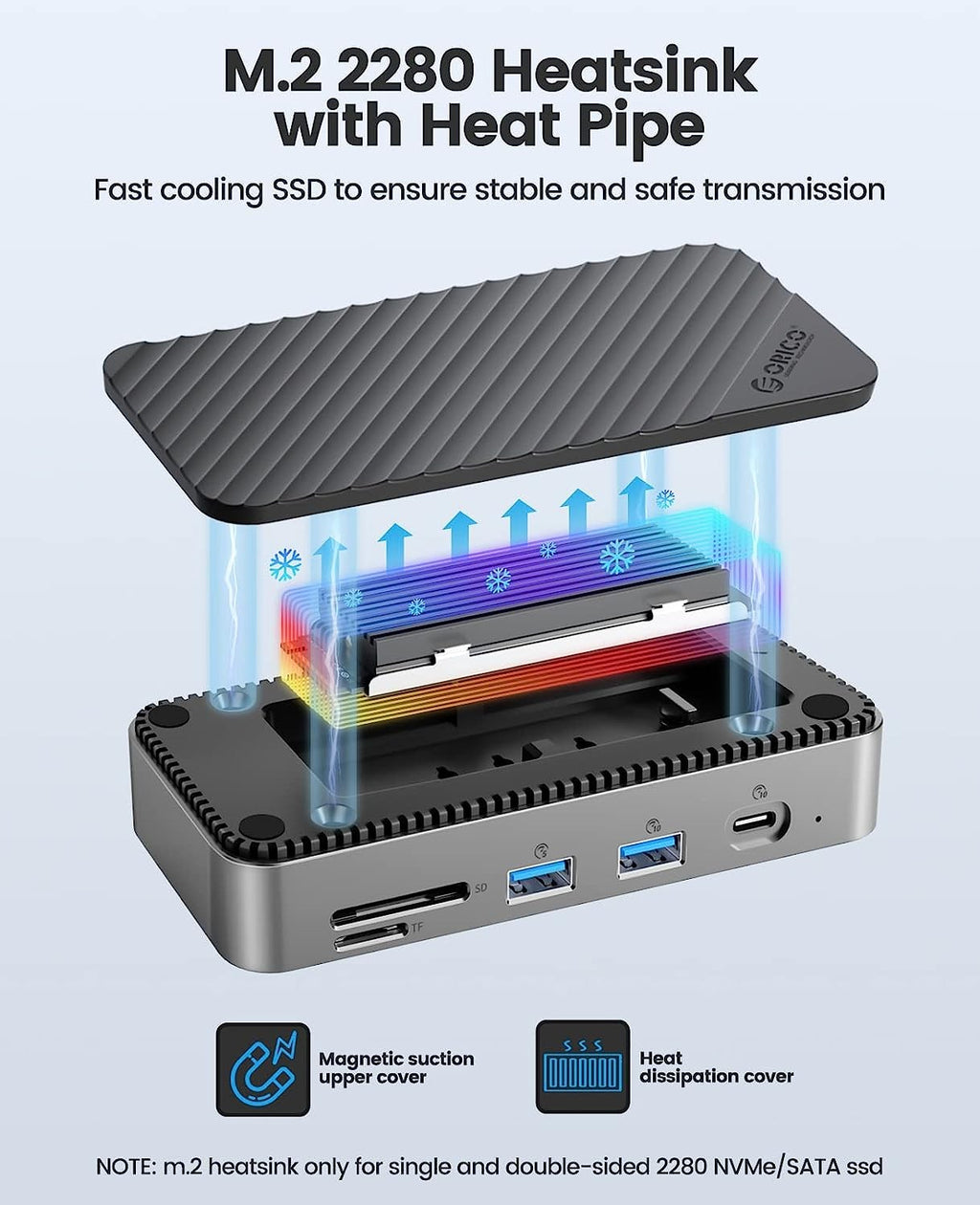 ORICO tipo C HUB con ventilador de refrigeración M.2 NVMe SATA SSD gabinete externo 10Gbps 4K 60Hz HDMI-Com RJ45 SD/TF estación de acoplamiento USB