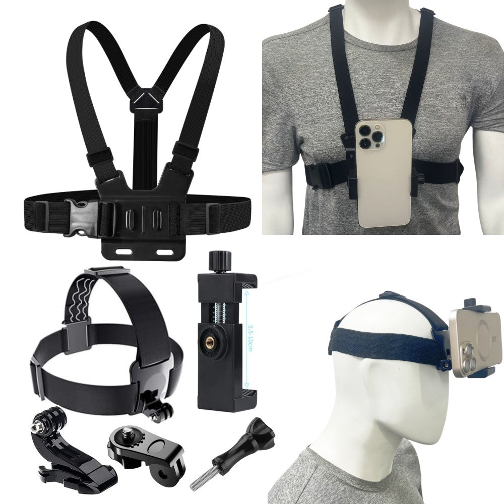 Kit de cámara de acción todo en uno, 6 uds., correa para la cabeza, soporte para correa para el pecho, ajustable para teléfono GoPro, Osmo, estabilidad mejorada, versatilidad