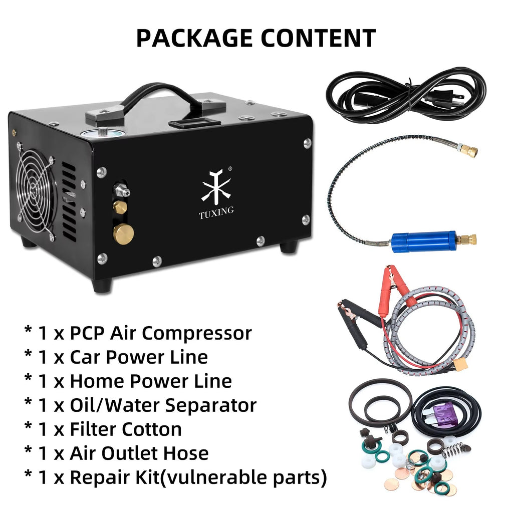 Compresor de aire PCP de parada automática TUXING TXET061 de 300 bar y 4500 psi de alta presión con adaptador de corriente de 12 V para buceo con rifle