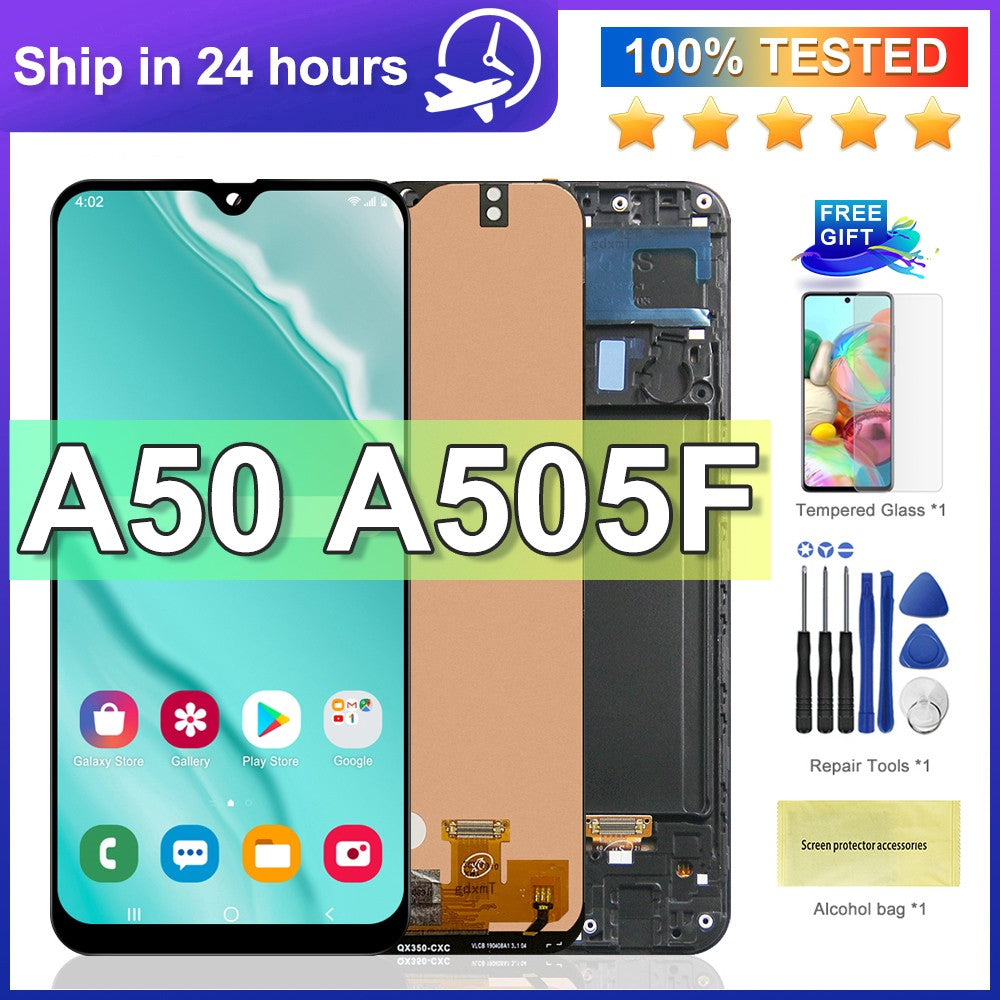 Pantalla LCD 100% probada para Samsung A50 SM-A505FN/DS A505F/DS A505, digitalizador de pantalla táctil con marco para Samsung A50 LCD