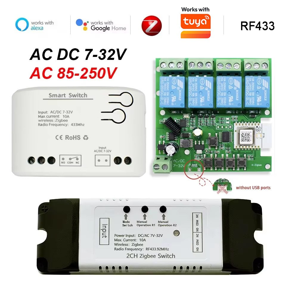 Interruptor Inteligente Zigbee de Contacto Seco, Módulo de Relé de Riel DIN de 1, 2 o 4 Canales, Relé RF de Dos Canales 433, 12V 24V 230V, Compatible con Tuya
