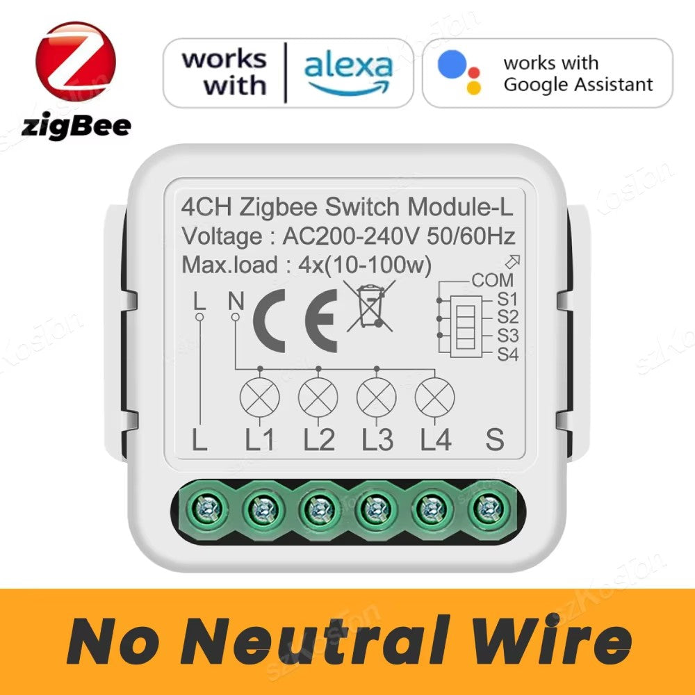 Módulo de Interruptor Inteligente Tuya Zigbee, Relé sin Cable Neutro, Control de 2 Vías, 1, 2, 3, 4 Canales, Compatible con Alexa y Google Home