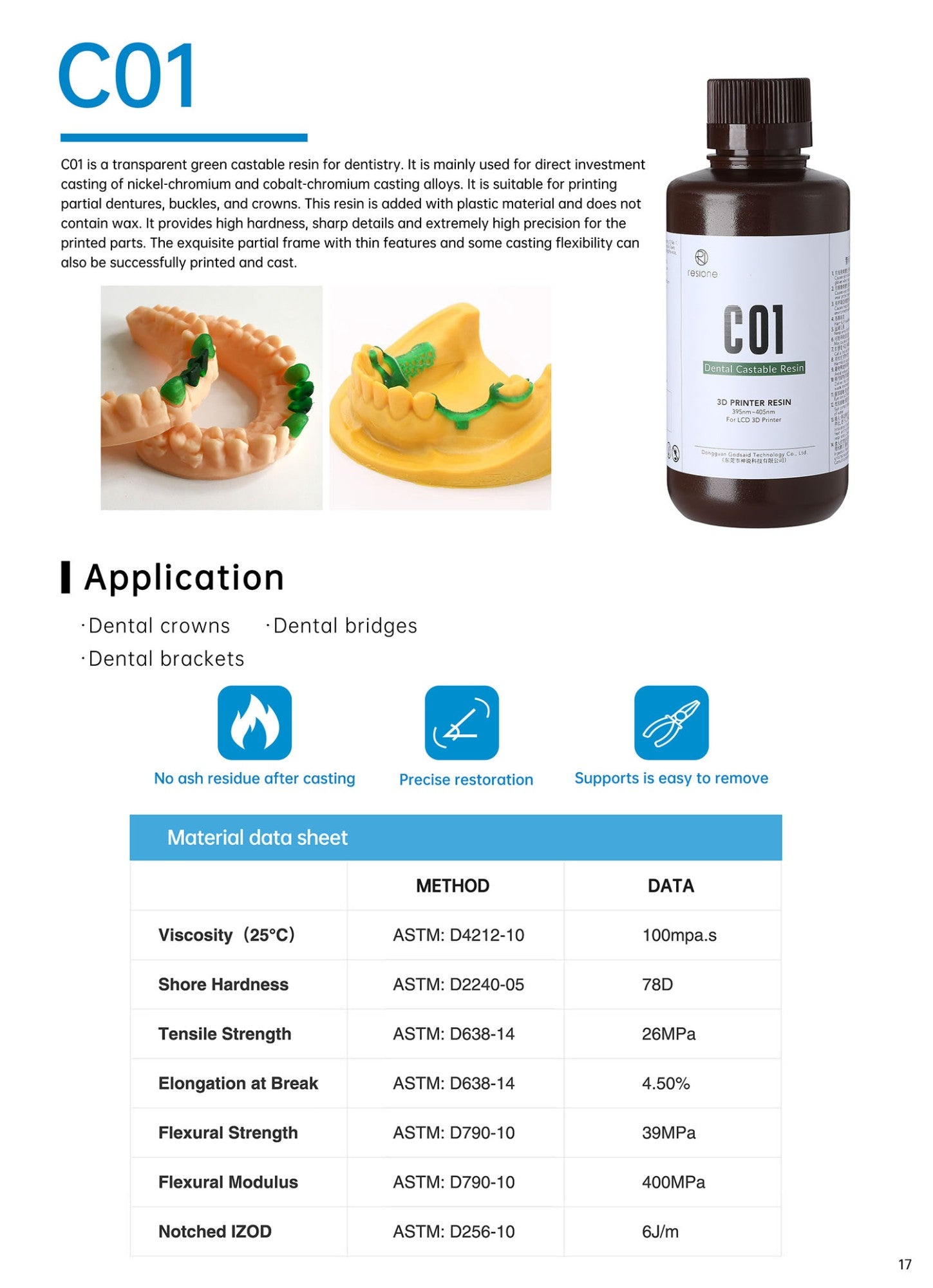 Resina de impresora 3D de fundición de resina Dental Resione D01S para impresora 3D de resina de fotopolímero UV de 405nm Elegoo Anycubic