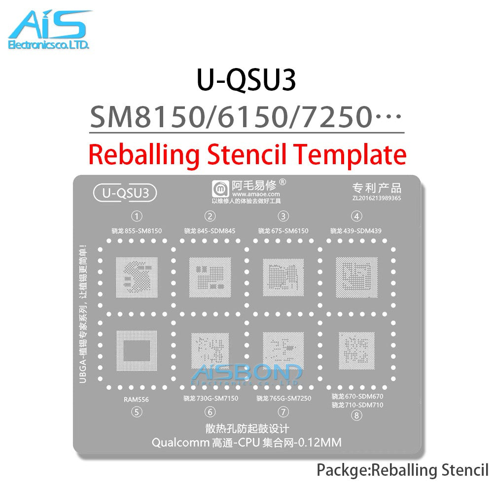 Plantilla de reparación BGA U-QSU1-6 para CPU serie Qualcomm SM8350 SM8250 SM8475 SM7325 SM7125 SM7350 SM8150 SM7250 SM8750 SM8635 Net