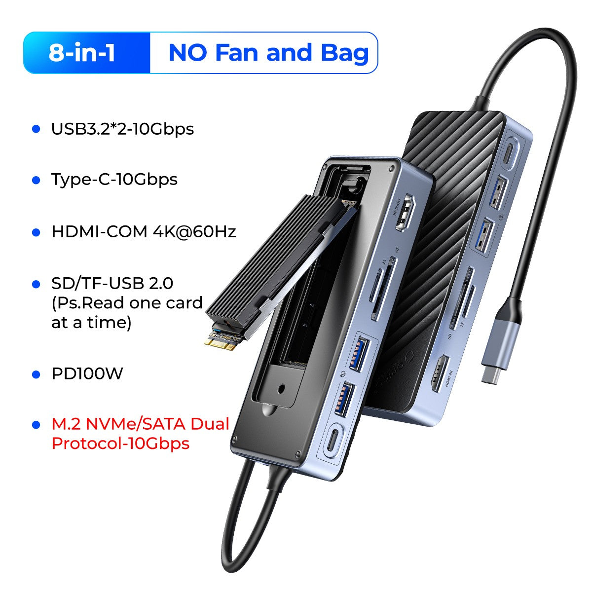 ORICO tipo C HUB con ventilador de refrigeración M.2 NVMe SATA SSD gabinete externo 10Gbps 4K 60Hz HDMI-Com RJ45 SD/TF estación de acoplamiento USB