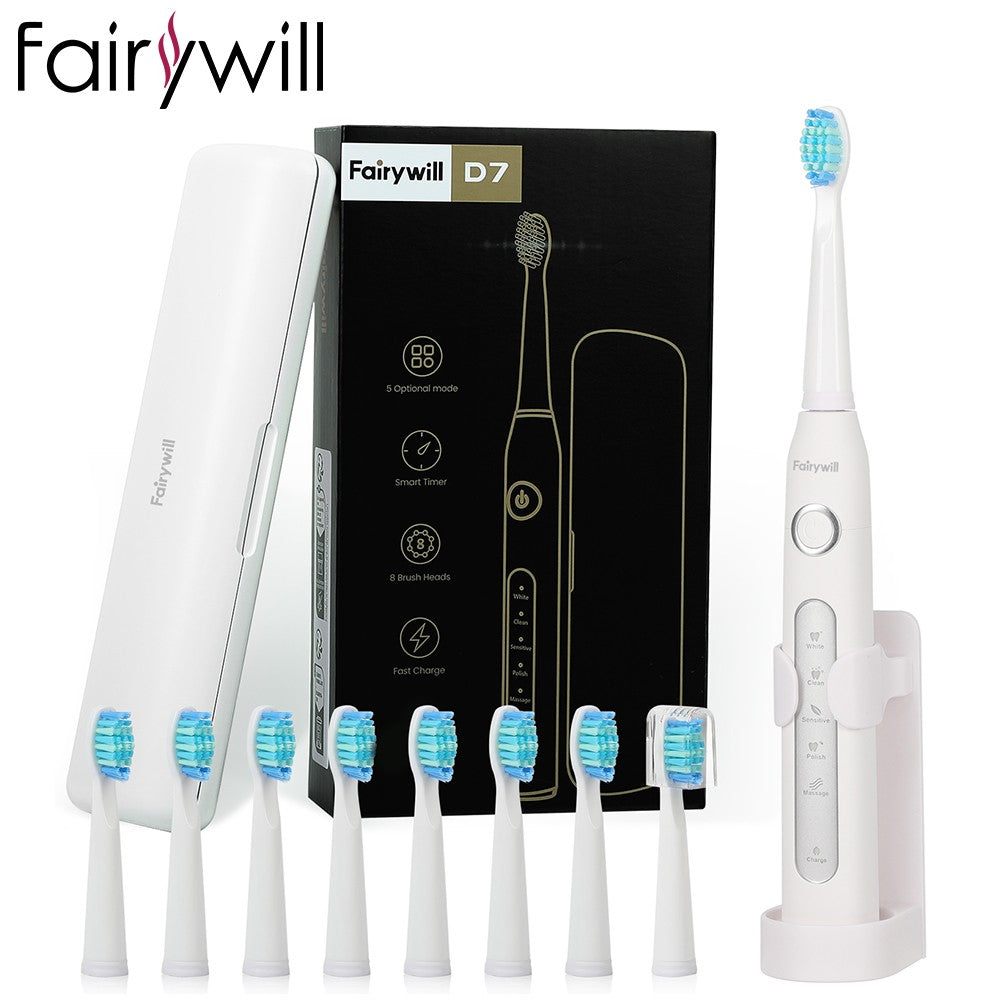 Fairywill-cepillo de dientes eléctrico FW-507, dispositivo con 5 modos, Cargador USB, temporizador de repuesto, 8 cabezales