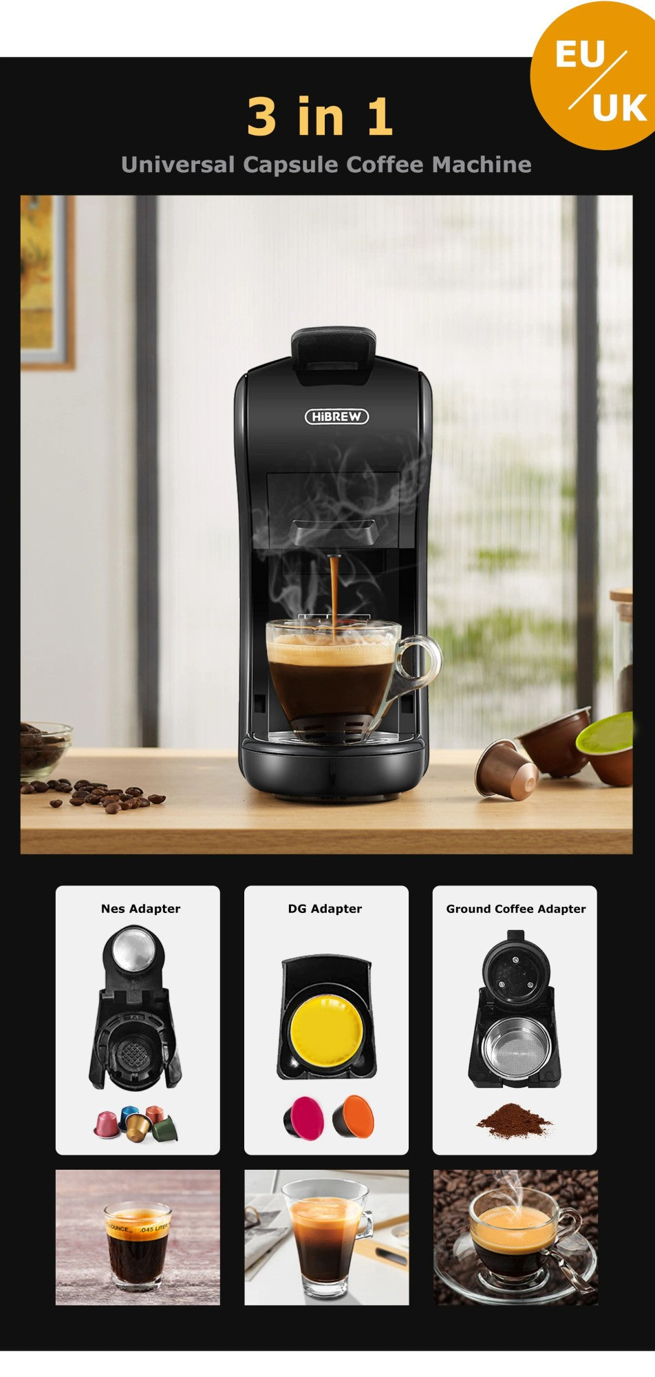 Máquina de café HiBREW 19 Bar 4 en 1, Cápsula múltiple caliente y fría, Cafetera Espresso, Cafetera de cápsulas Dolce Milk Nexpresso en polvo H1A
