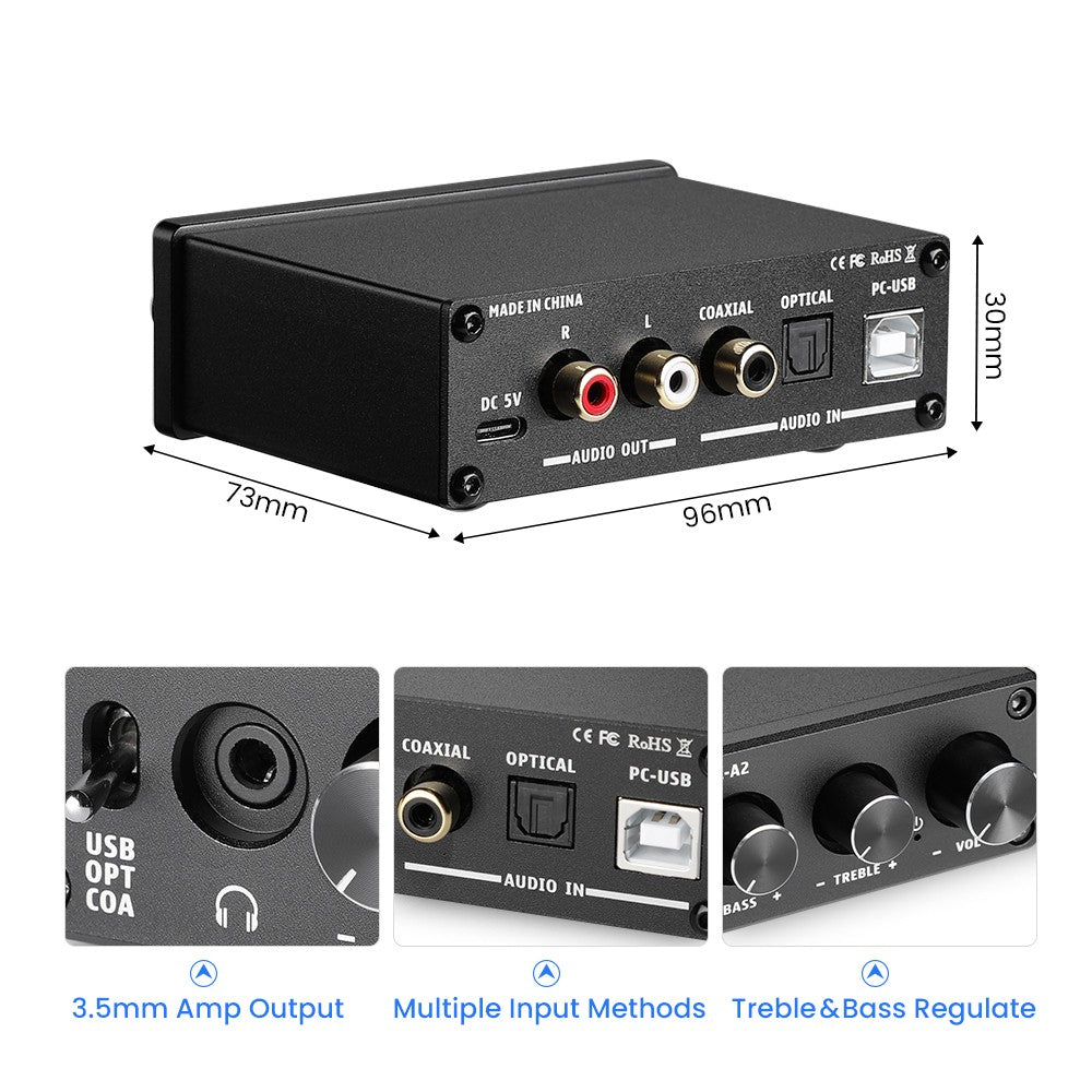 Decodificador de Audio HiFi AIYIMA DAC-A2, Amplificador de Auriculares USB, Salida Óptica Coaxial, DAC Estéreo para Juegos, para Amplificador y Altavoces Activos