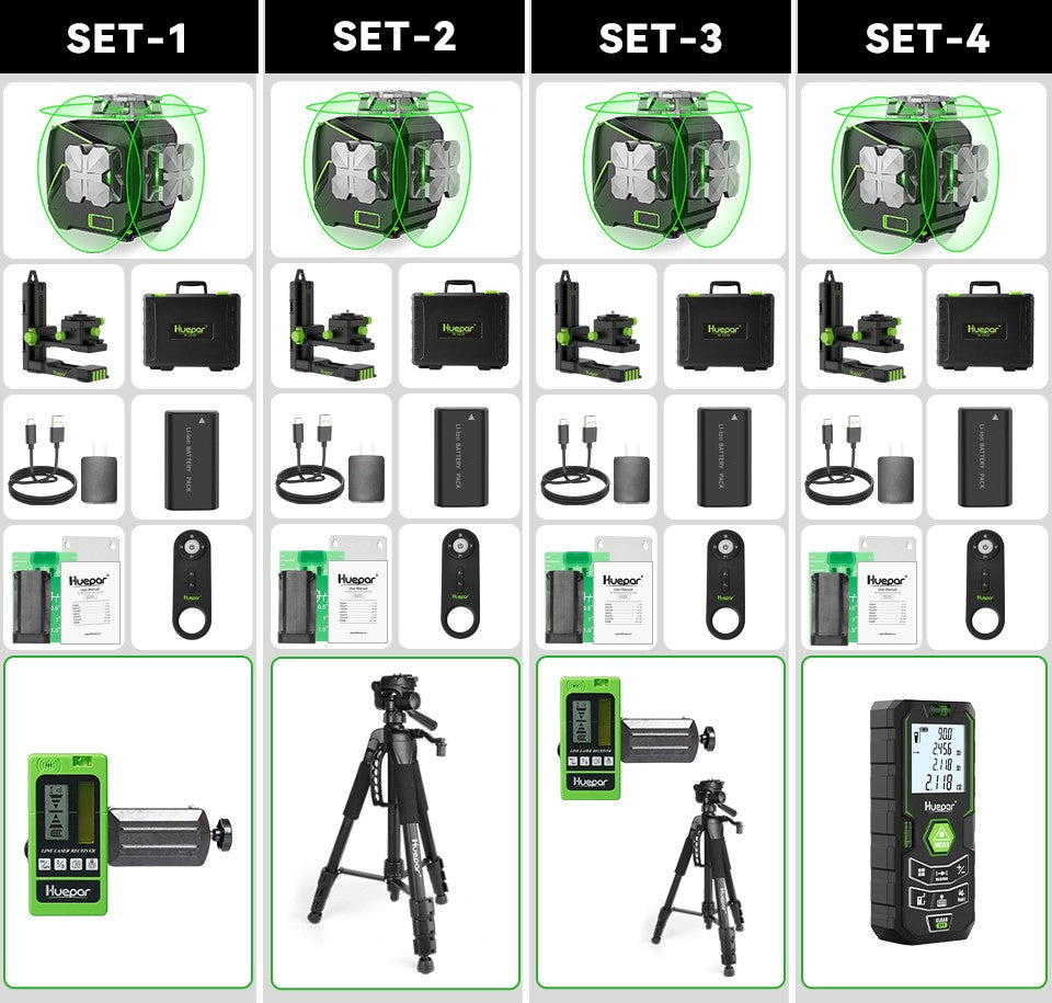 Huepar S03CG Set nivel láser de línea cruzada 3D Bluetooth y control remoto 12 líneas láser de haz verde Osram con receptor trípode telémetro