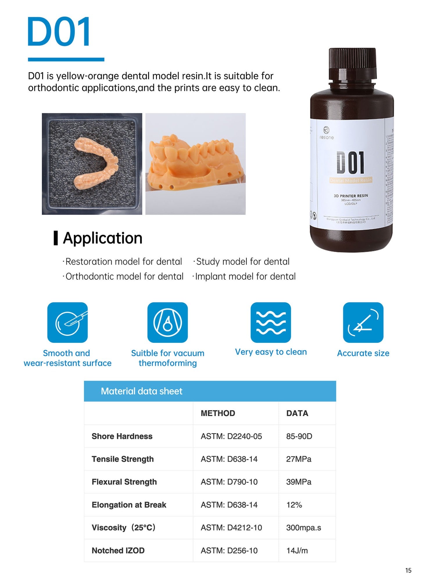 Resina de impresora 3D de fundición de resina Dental Resione D01S para impresora 3D de resina de fotopolímero UV de 405nm Elegoo Anycubic