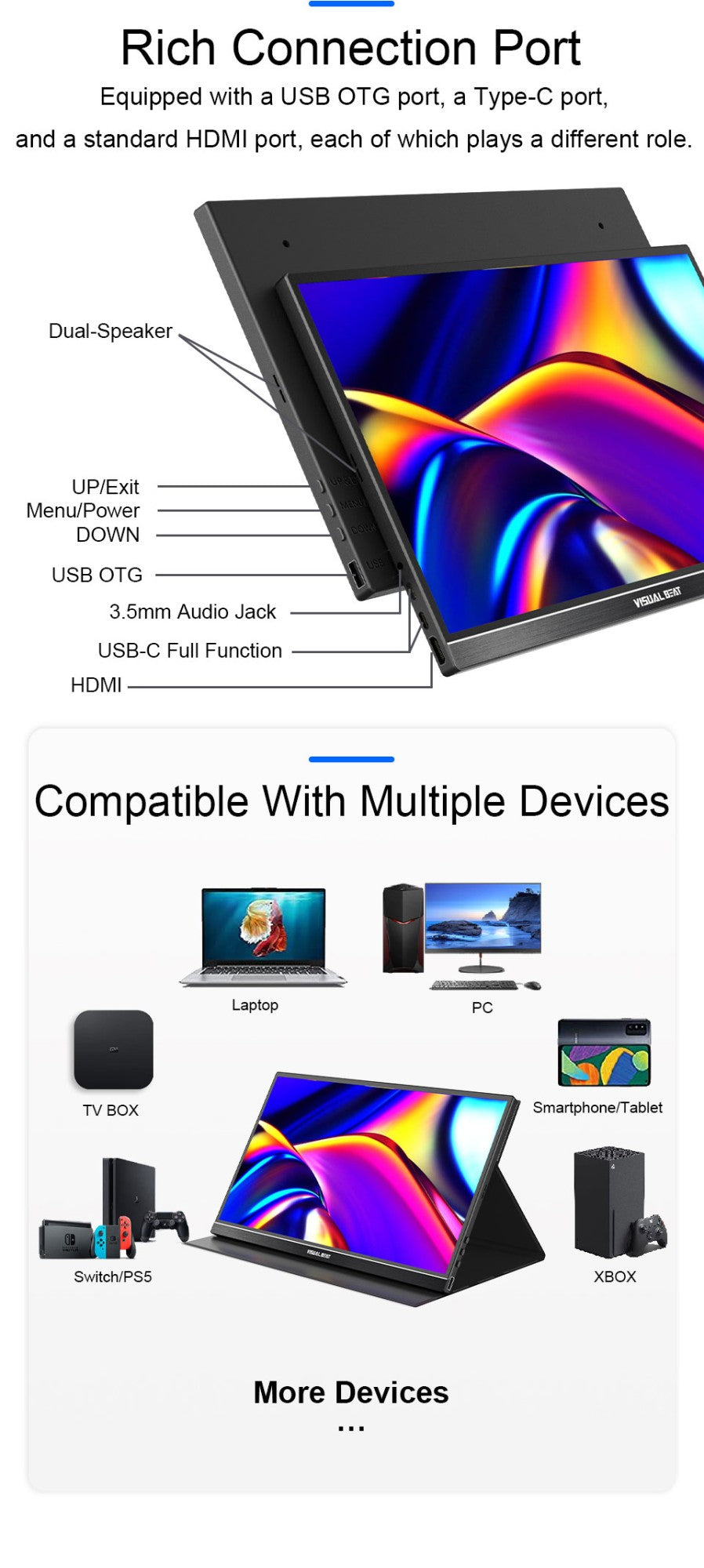VISUALBEAT Monitor Portátil con Pantalla Táctil de 15.6'', FHD 1080P IPS HDR, con USB-C y HDMI, para Laptop, PC, Mac, Consola, Oficina y Viajes