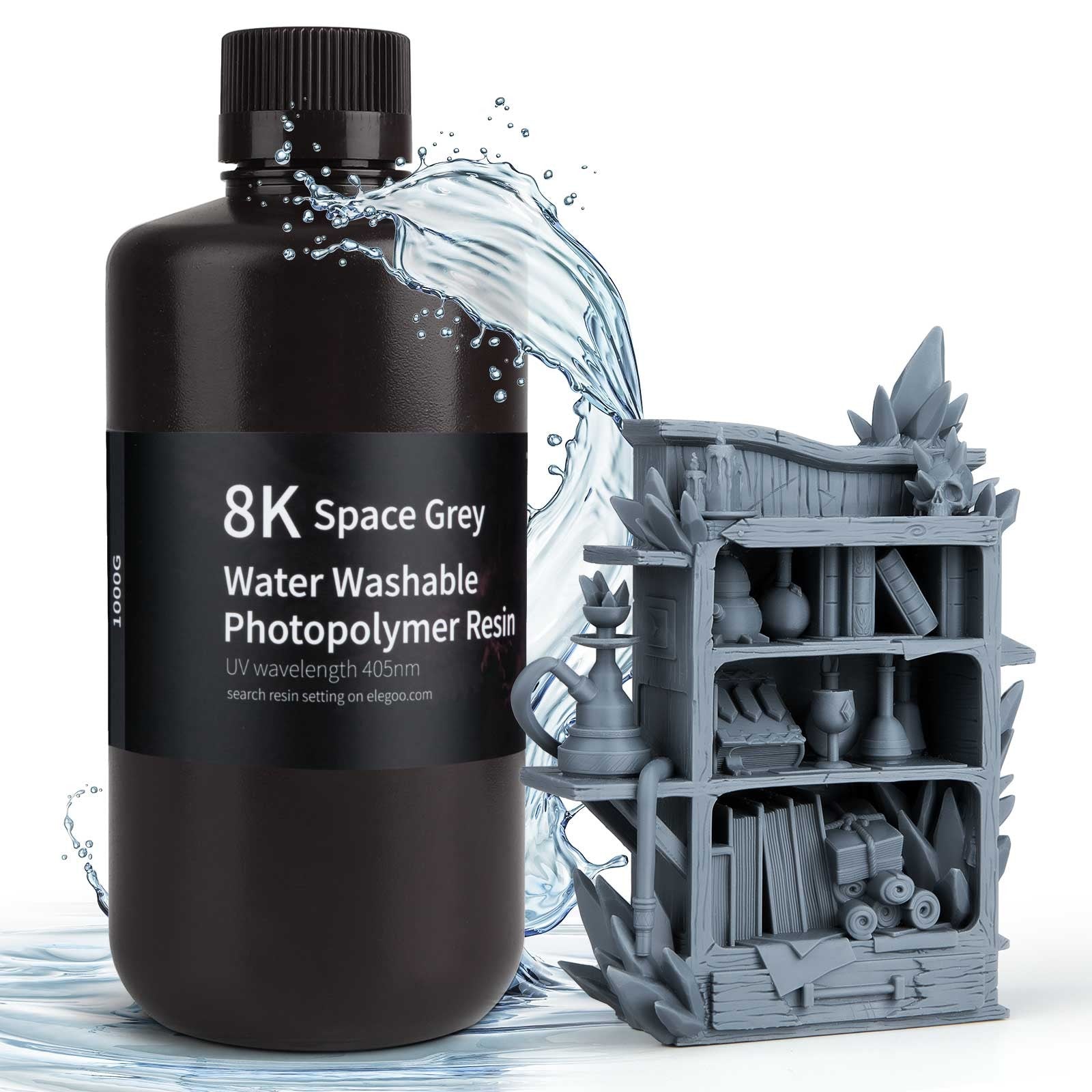 ELEGOO 8K Resina de impresora 3D 405nm Resina lavable con agua Resina de curación UV Ideal para impresora 3D SATURN 2 8K Gris espacial 1000g