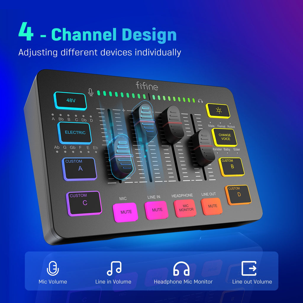 FIFINE mezclador de Audio para juegos, mezclador de transmisión de 4 canales RGB con interfaz de micrófono XLR, para voz de juego, Podcast,AmpliGame SC3