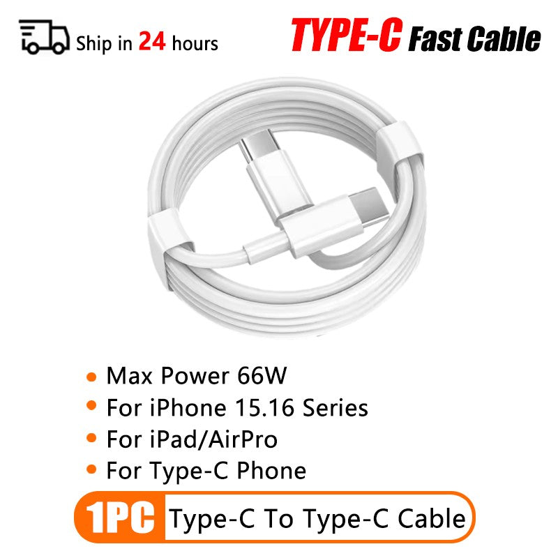 Cable USB tipo C PD de 66W para Apple iPhone 16 15 14 13 11 Pro Max 12 Mini 7 8 Plus XS R Cable de carga USB C de carga rápida