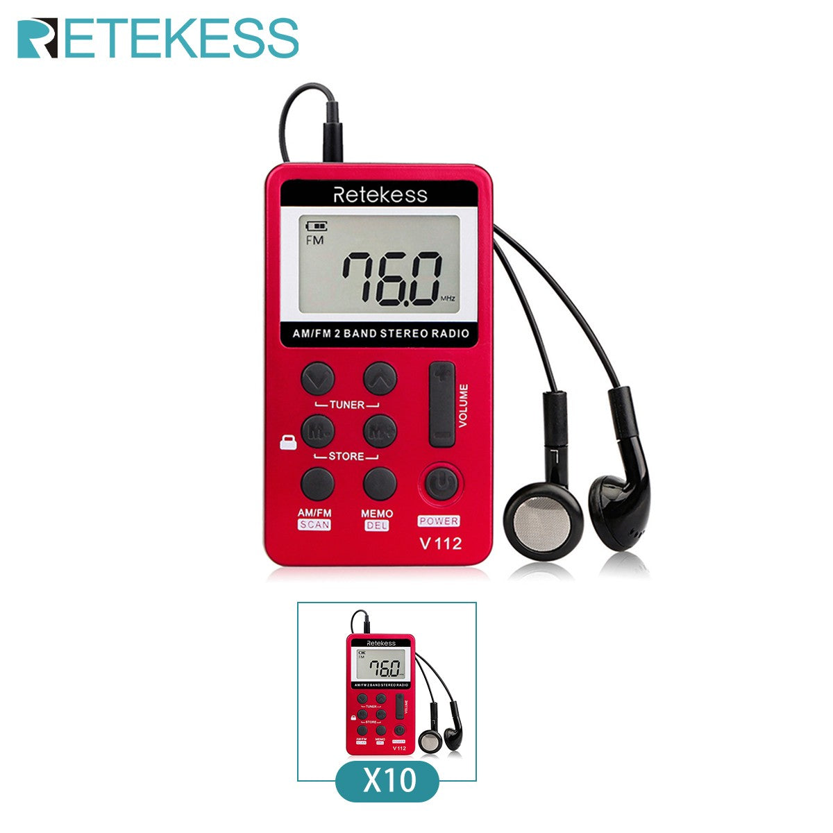 RETEKESS-Radio de 2 bandas V112, 10 piezas, FM, AM, Mini sintonización Digital portátil, receptor de Radio con batería recargable y auriculares