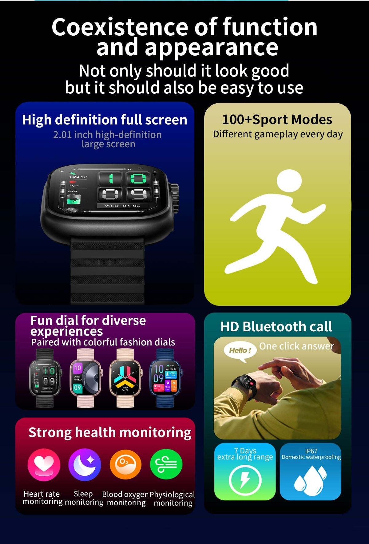 Reloj inteligente para hombre y mujer, pulsera con linterna LED, más de 100 modos deportivos, rastreador de actividad física, temperatura corporal, pantalla de 2,01"