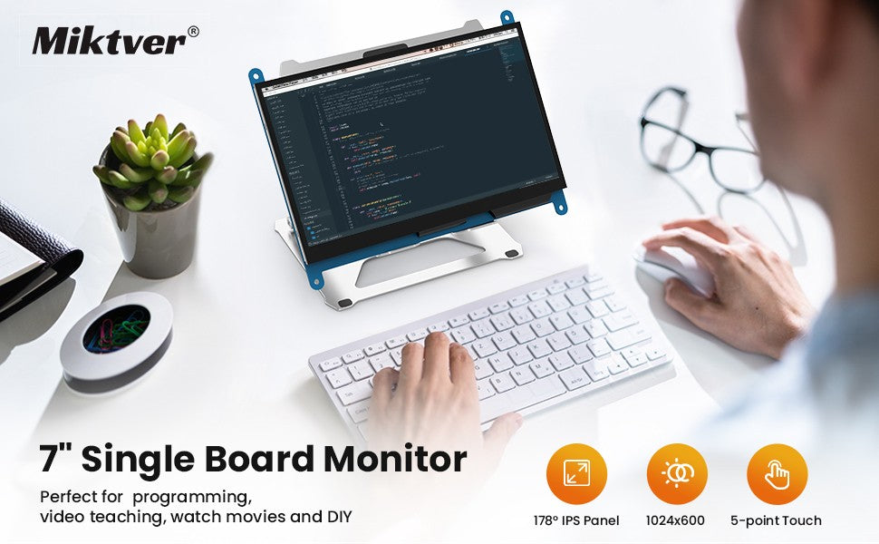 Miktver Monitor de pantalla táctil capacitiva de 7 pulgadas 5 puntos 1024x600 HD IPS pantalla compatible con Raspberry Pi 4/3/2/1/B/B+/A+, Win 10/8/7
