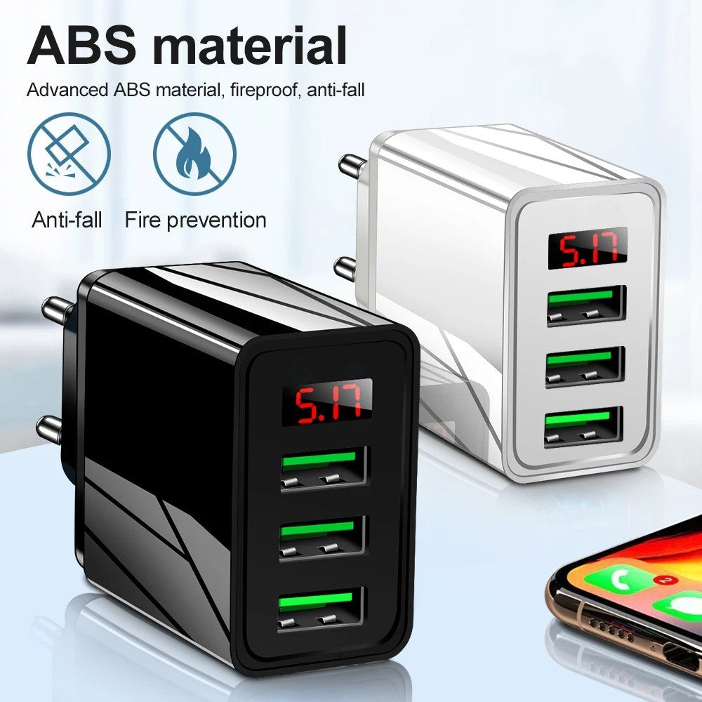 Cargador USB de 3 puertos, adaptador de pared de carga rápida con pantalla Digital LED para Samsung S23 Xiaomi 14 Pro Huawei Mate 60 Redmi