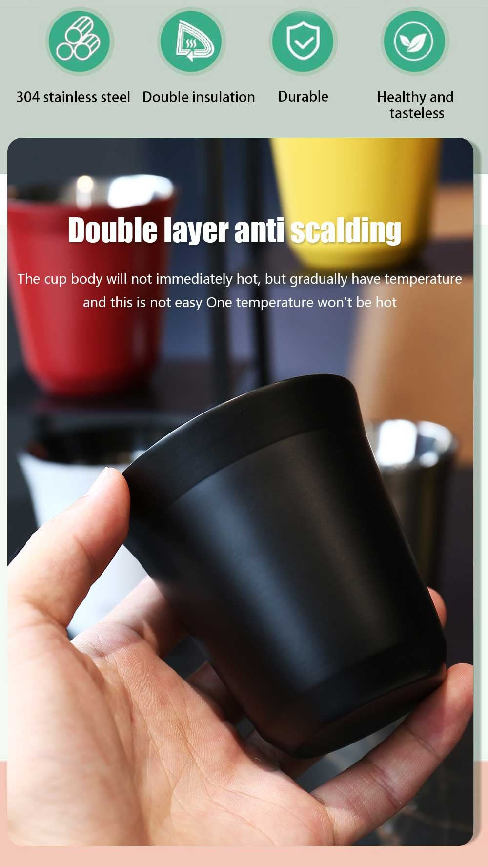 Tazas de café expreso de acero inoxidable 304, tazas de café de 80ML y 160ML, aisladas, doble pared, segura, pequeña capacidad
