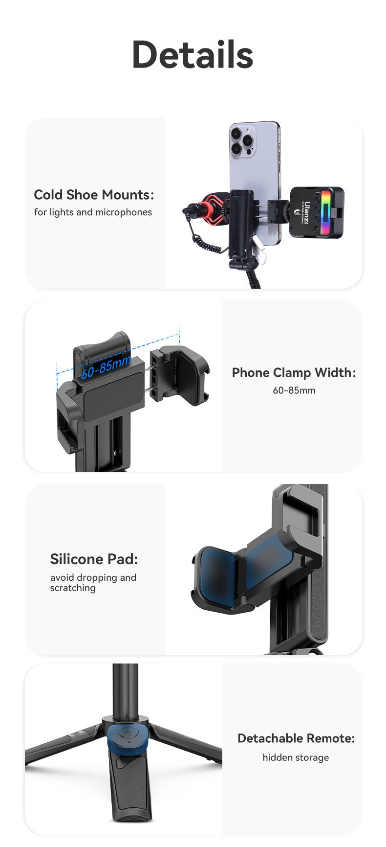 ULANZI JJ02 trípode para palo de Selfie trípode de teléfono con agarre extensible con control remoto desmontable 2 zapatos fríos tamaño de bolsillo Mini soporte para teléfono