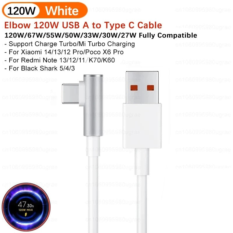Cable de Carga Turbo USB Tipo C de 120W 100W 90W para Xiaomi 6A, Mi 14 13 12 Pro, Poco F4 GT, Redmi Note 13, K60, Cable Tipo C de 90 Grados