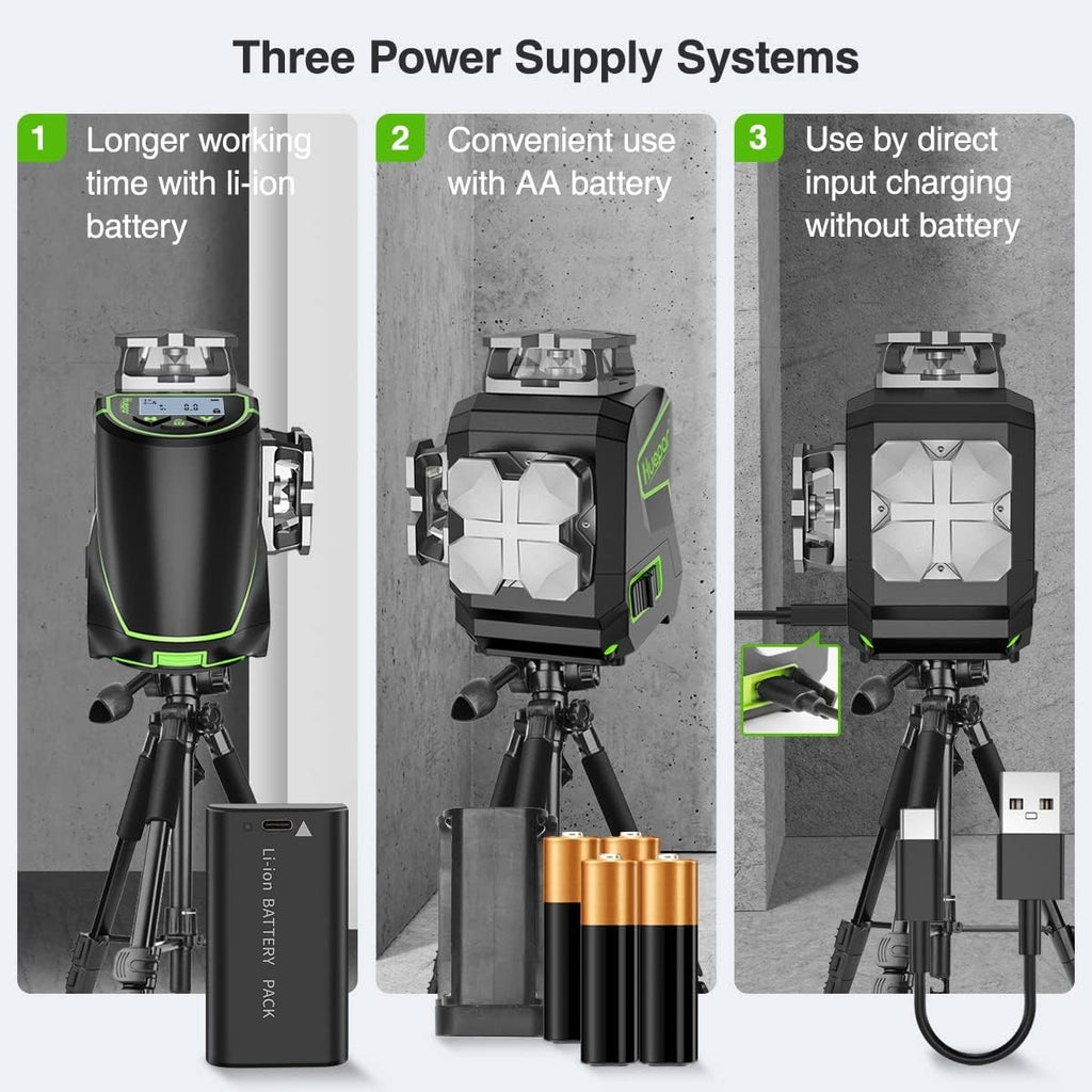 Huepar S03CG Set nivel láser de línea cruzada 3D Bluetooth y control remoto 12 líneas láser de haz verde Osram con receptor trípode telémetro