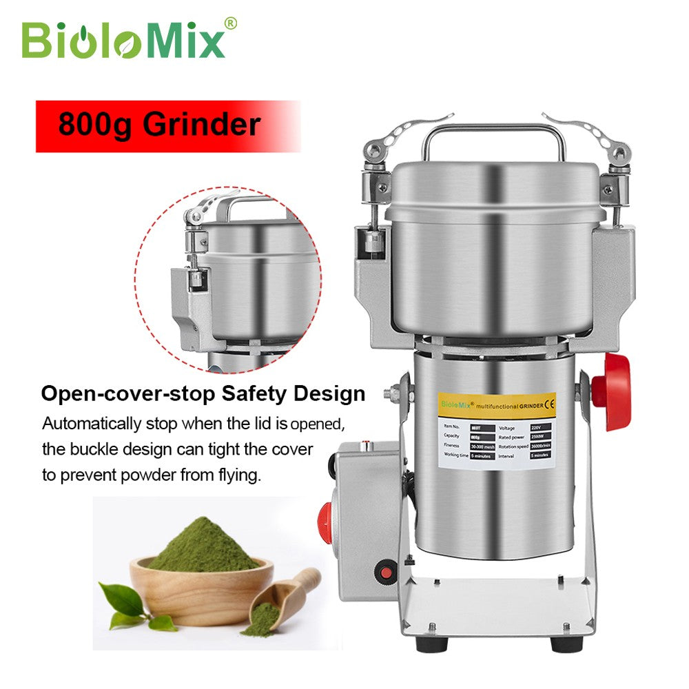 BioloMix 800g 700g Molino triturador de granos, especias, hierbas, cereales, café y alimentos secos, máquina de molienda, molino de harina, trituradora de polvo