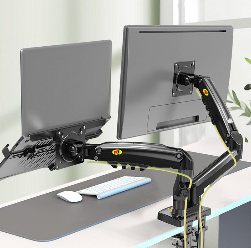 Soporte para Laptop con Doble Monitor y USB 3.0 NB F160-FP, Brazo Doble con Resorte de Gas para Monitores de 17'-27' + Soporte para Laptop de 10'-17'