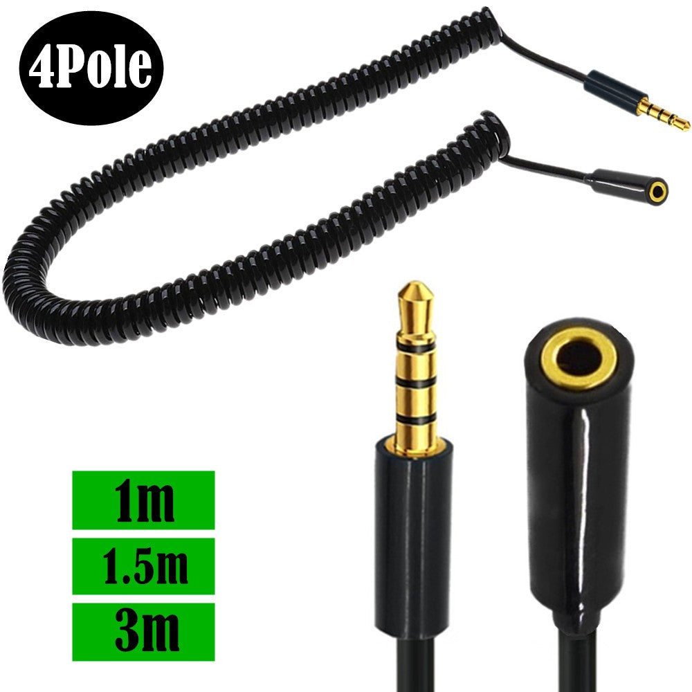 Conector de extensión 3,5mm 4 3 polos TRRS a TRRS macho a hembra auriculares Audio estéreo AUX Cable en espiral con resorte