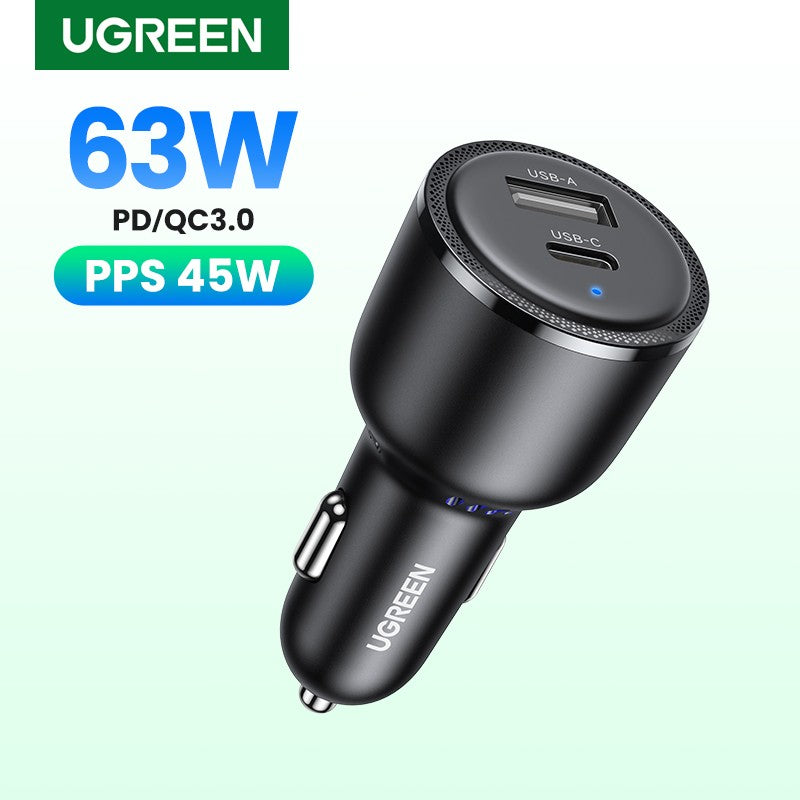 Nuevo en UGREEN 63W cargador de coche PD QC 3,0 PPS 45W USB tipo C carga rápida para iPhone 17 16 Samsung Xiaomi cargador de teléfono móvil