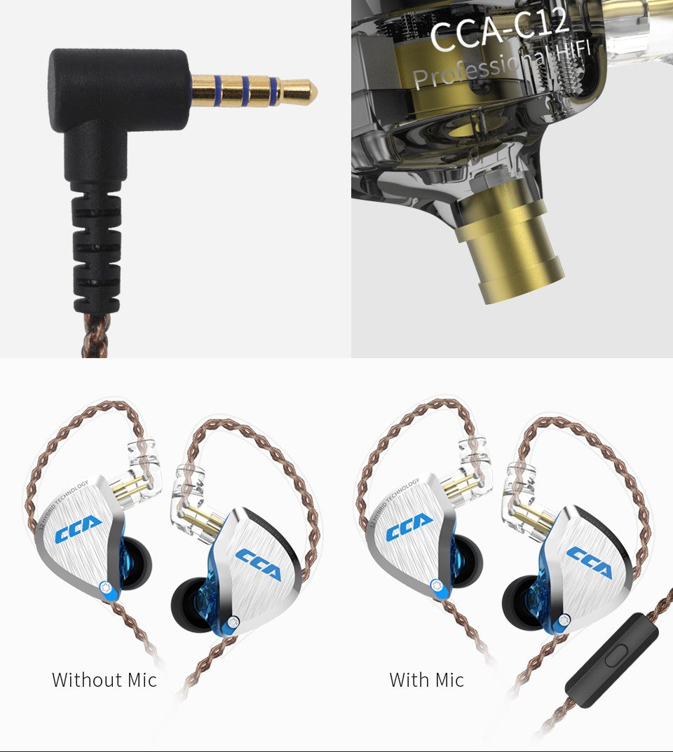 CCA C12 5BA + 1DD auriculares internos híbridos, Unidad de 12 controladores, Monitor de DJ HIFI, auriculares con cancelación de ruido, PC con cable para jugadores