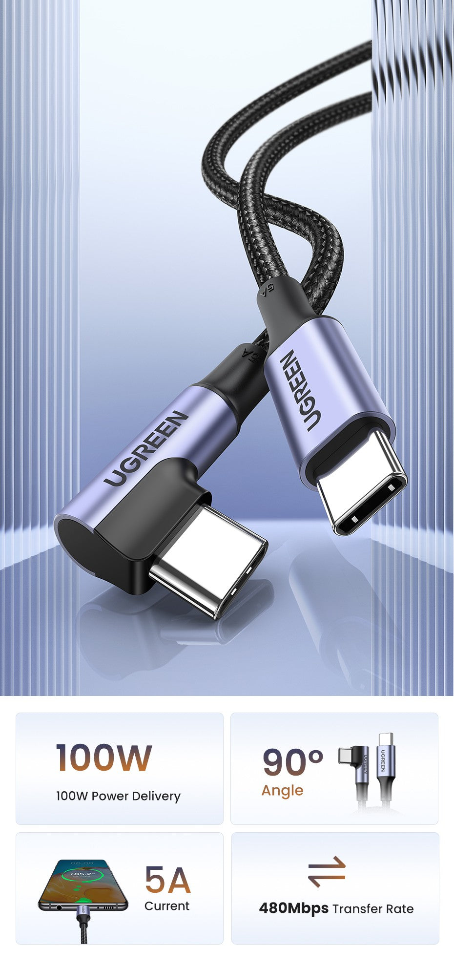 Cable en Ángulo UGREEN PD100W 60W USB C a USB Tipo C, Carga Rápida para iPhone 17 16 MacBook Samsung QC4.0 3.0, Cable de 90 Grados
