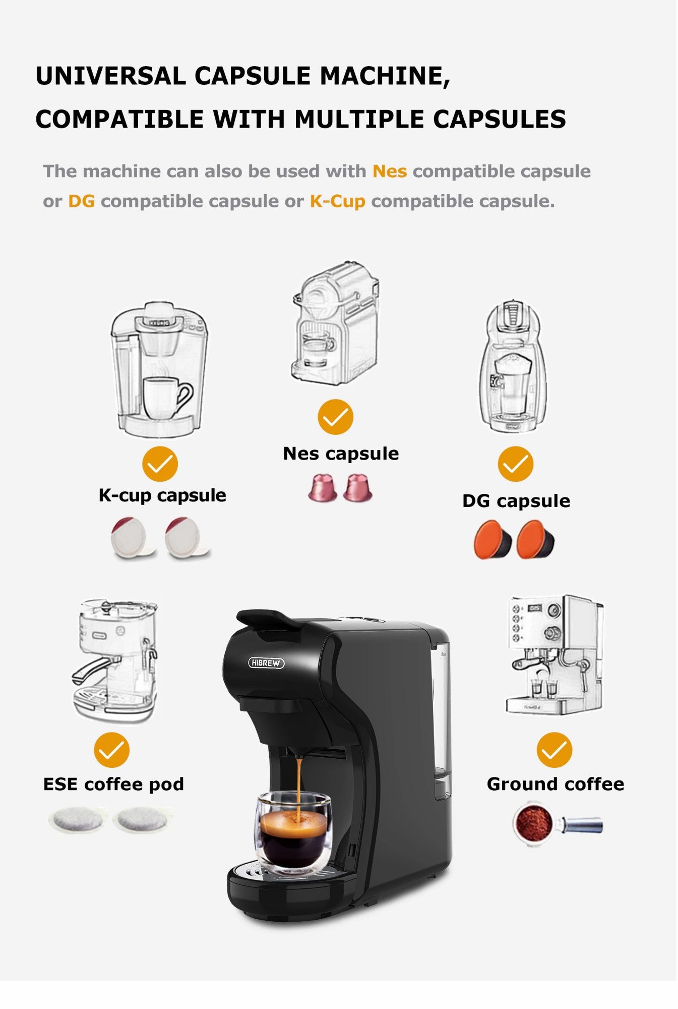 Máquina de café HiBREW 19 Bar 4 en 1, Cápsula múltiple caliente y fría, Cafetera Espresso, Cafetera de cápsulas Dolce Milk Nexpresso en polvo H1A