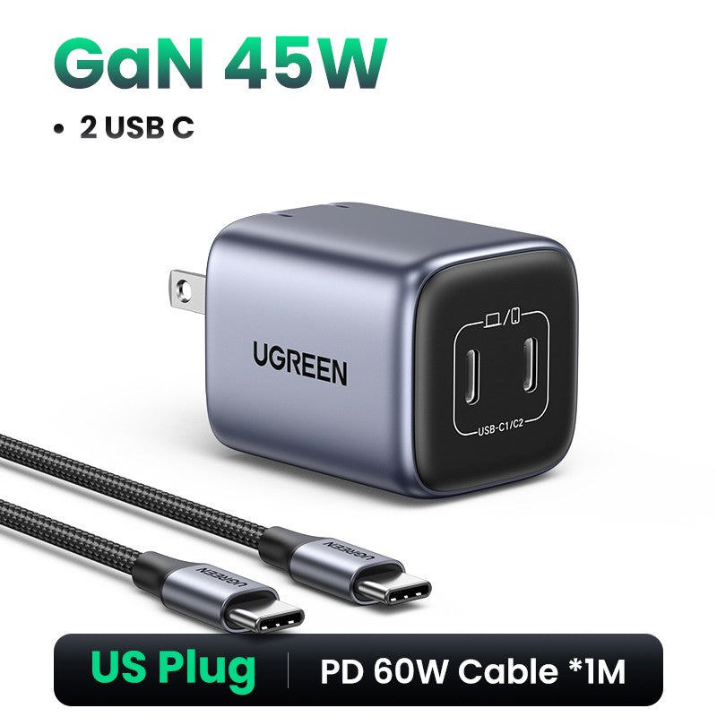 UGREEN GaN 45W cargador USB PD QC 3,0 cargador rápido para iPhone 17 16 15 Pro cargador de teléfono de viaje para Samsung S24 S23
