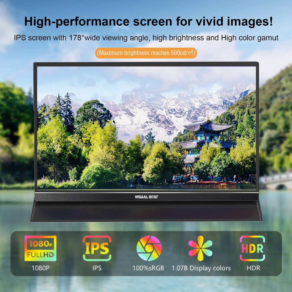 VISUALBEAT Monitor Portátil con Pantalla Táctil de 15.6'', FHD 1080P IPS HDR, con USB-C y HDMI, para Laptop, PC, Mac, Consola, Oficina y Viajes