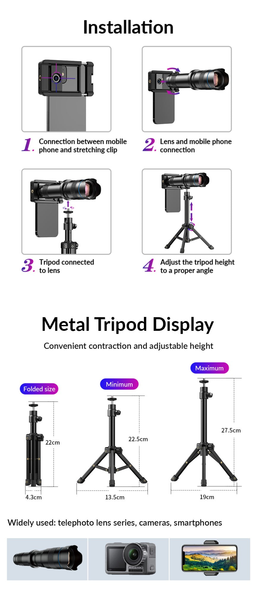 APEXEL-teleobjetivo de Metal 36X con trípode, telescopio Universal con Clip, para teléfonos inteligentes iPhone, Samsung, Camping y senderismo