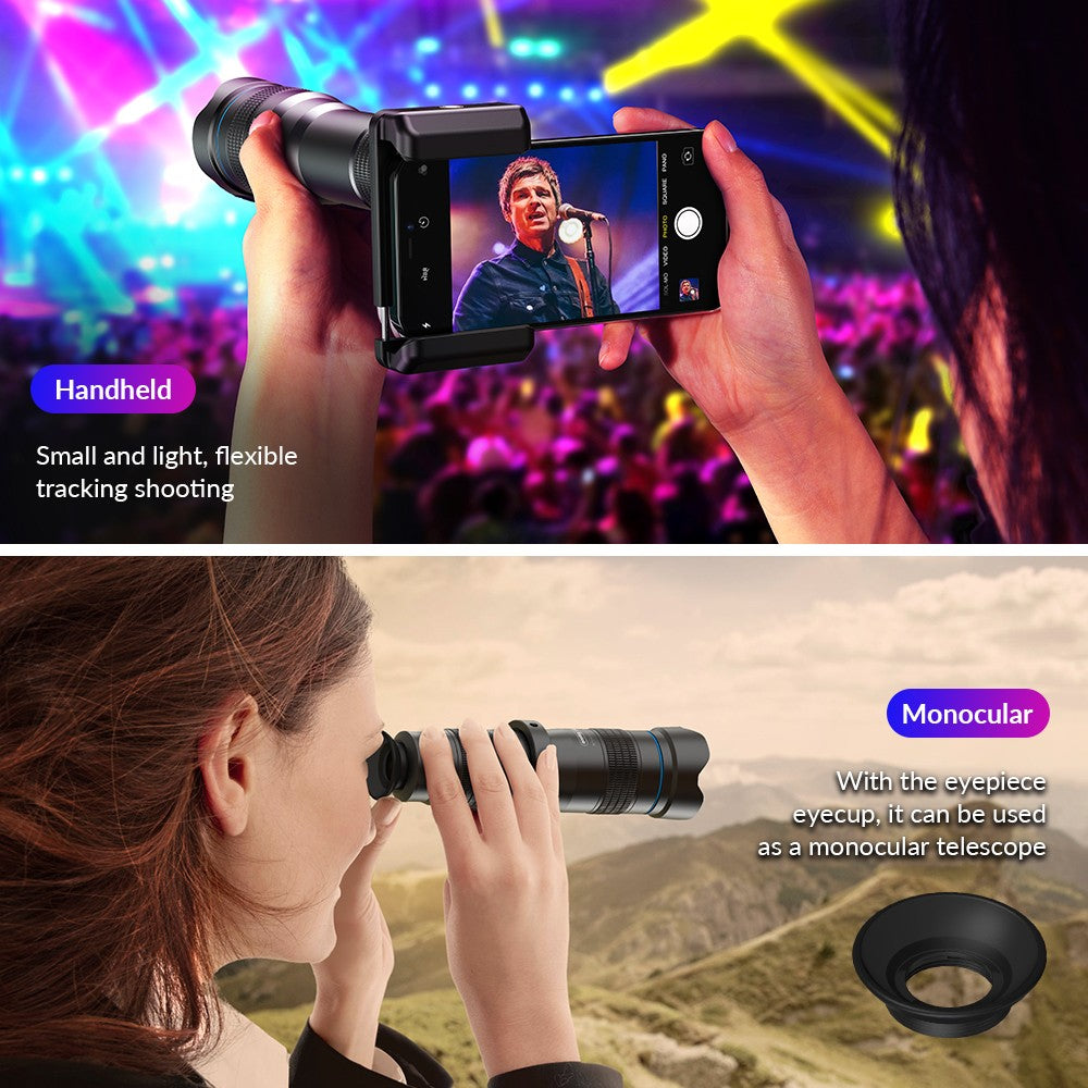 APEXEL-teleobjetivo de Metal 36X con trípode, telescopio Universal con Clip, para teléfonos inteligentes iPhone, Samsung, Camping y senderismo
