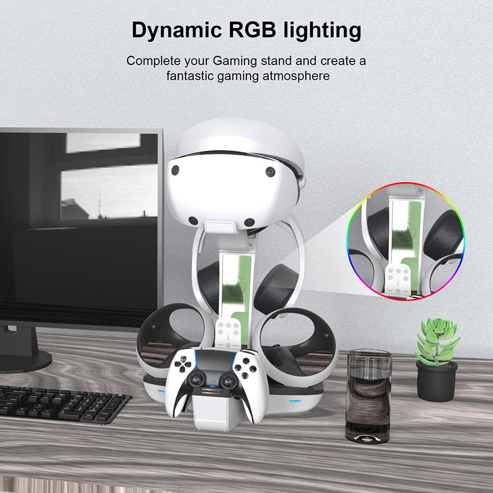 Base de carga para PS5 PS VR2, soporte de auriculares, controlador, estación de carga, luz indicadora LED, almacenamiento de auriculares para casco